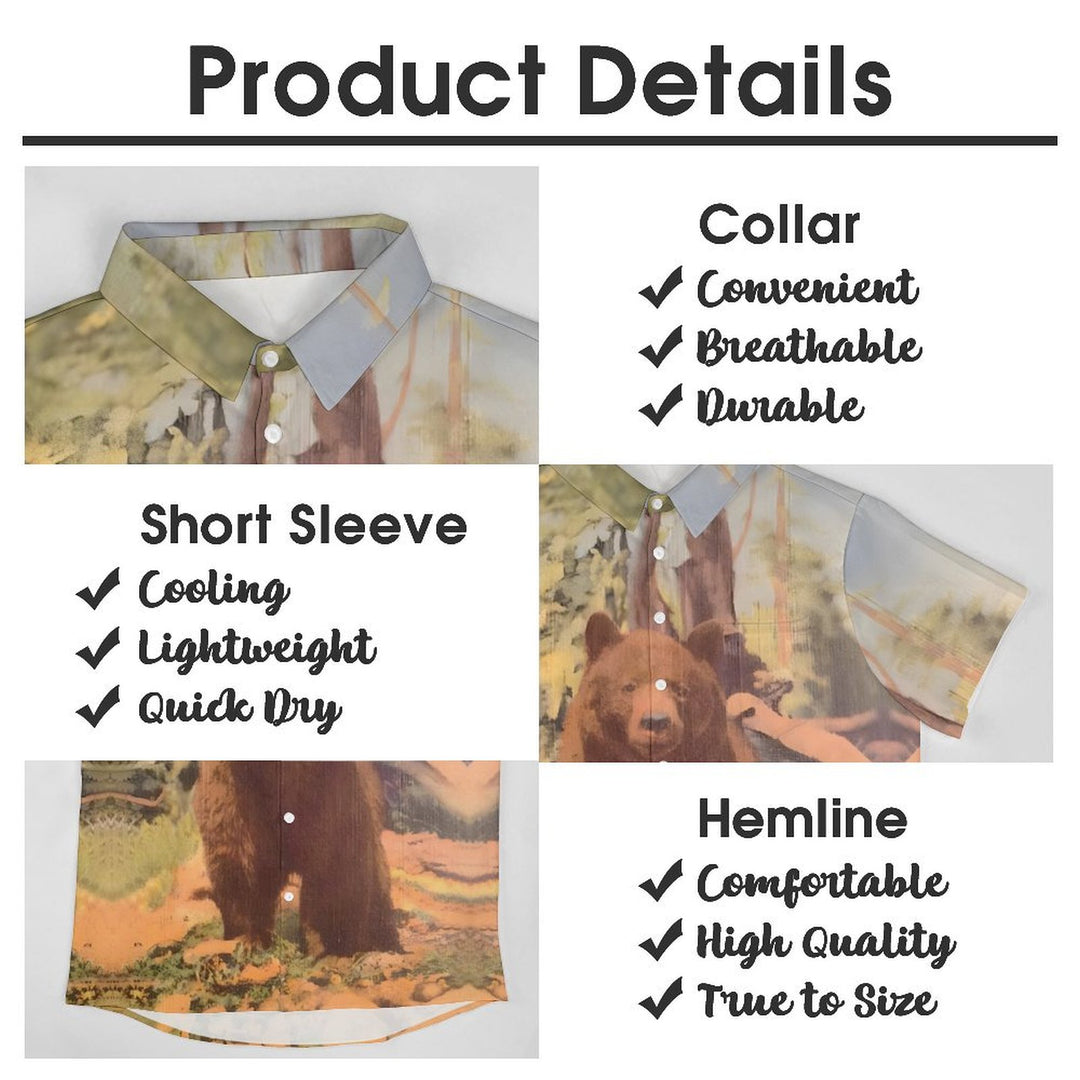 Men's Brown Bear Print Casual Short Sleeve Shirt 2402000359