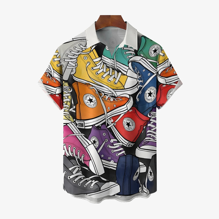 Retro Nostalgic Canvas Shoes PrintCasual Short Sleeve Shirt 2403000096