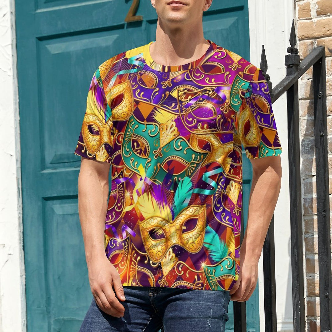 Men's Round Neck Mardi Gras Mask Casual T-Shirt 2312000402