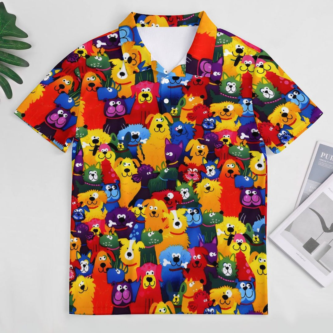 Men's Button-Down Short Sleeve Colorful Dog Print Polo Shirt 2312000291