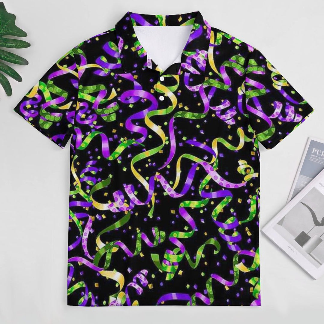 Men's Button-Down Short Sleeve Mardi Gras Print Polo Shirt 2312000268