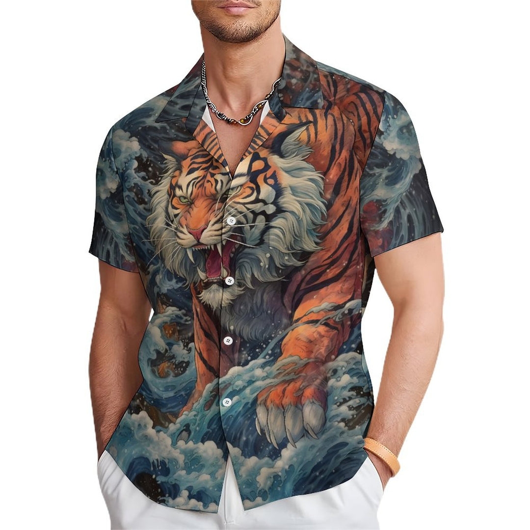 Retro Tiger Art Casual Short Sleeve Shirt 2402000053