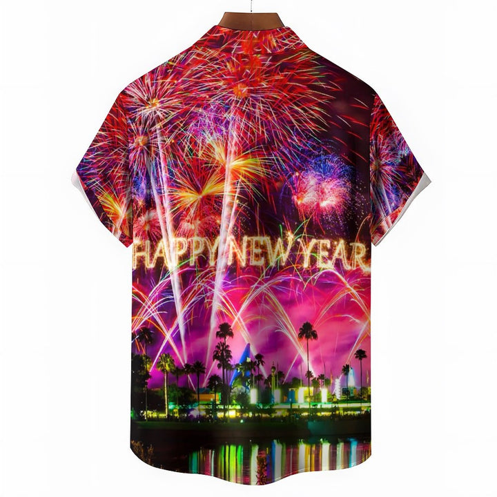 Happy New Year Holidays Men's Hawaiian Shirts Stretch Fireworks Fun Pocket Christmas Shirts 2311000192
