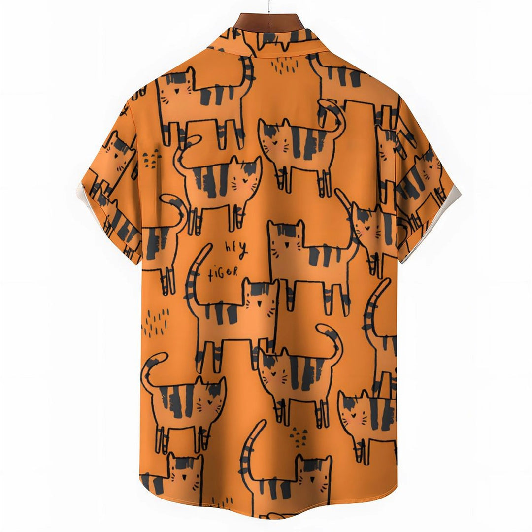 Men's Orange Cat Casual Short Sleeve Shirt 2401000112